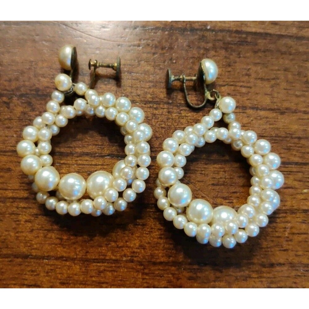 Vtg Faux Pearl Hoop Earrings Vintage Ivory Beaded Screw Back Retro ~2"